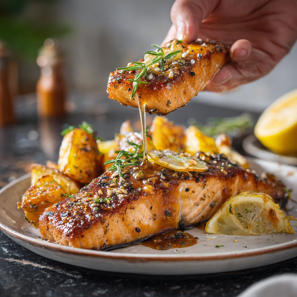 Honey Lemon Butter Salmon with Crispy Potatoes