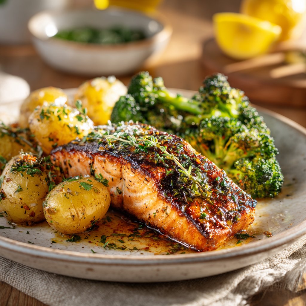 Lemon Butter Salmon with Herb Potatoes and Broccoli